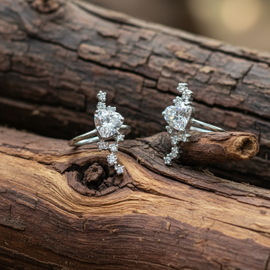 Pair of diamond rings on a wooden surface